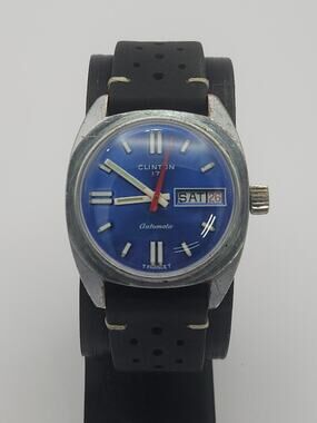Clinton Watch Men Automatic Vintage 17 Jewels WR Day Date Blue, New Band